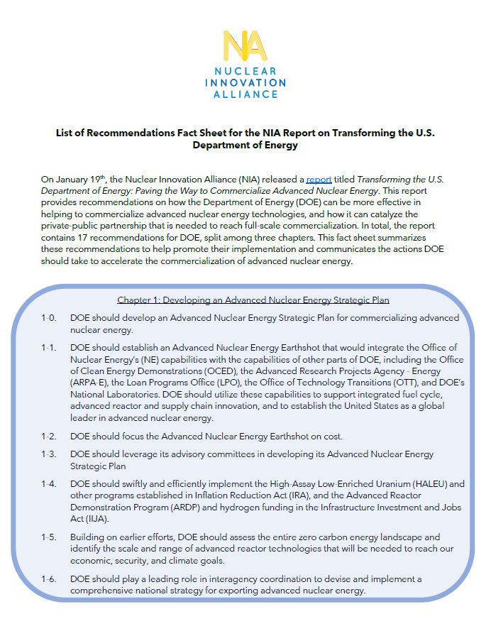 List of Recommendations for the NIA Report on Transforming the U.S. DOE