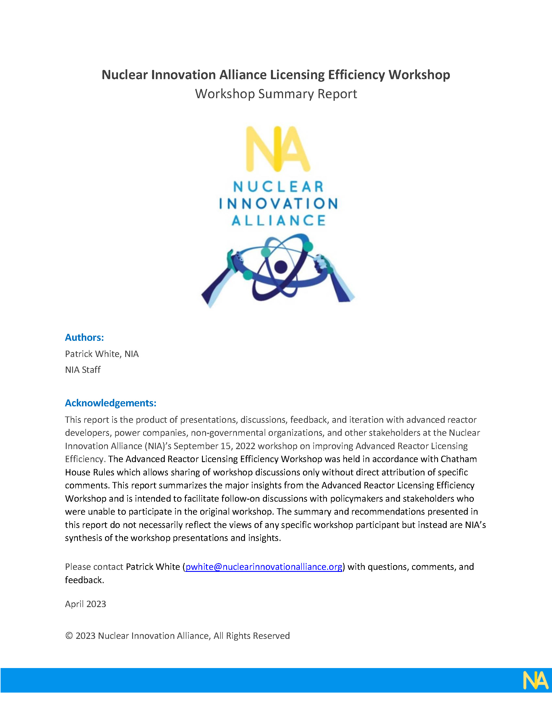 Nuclear Innovation Alliance Licensing Efficiency Workshop Summary Report